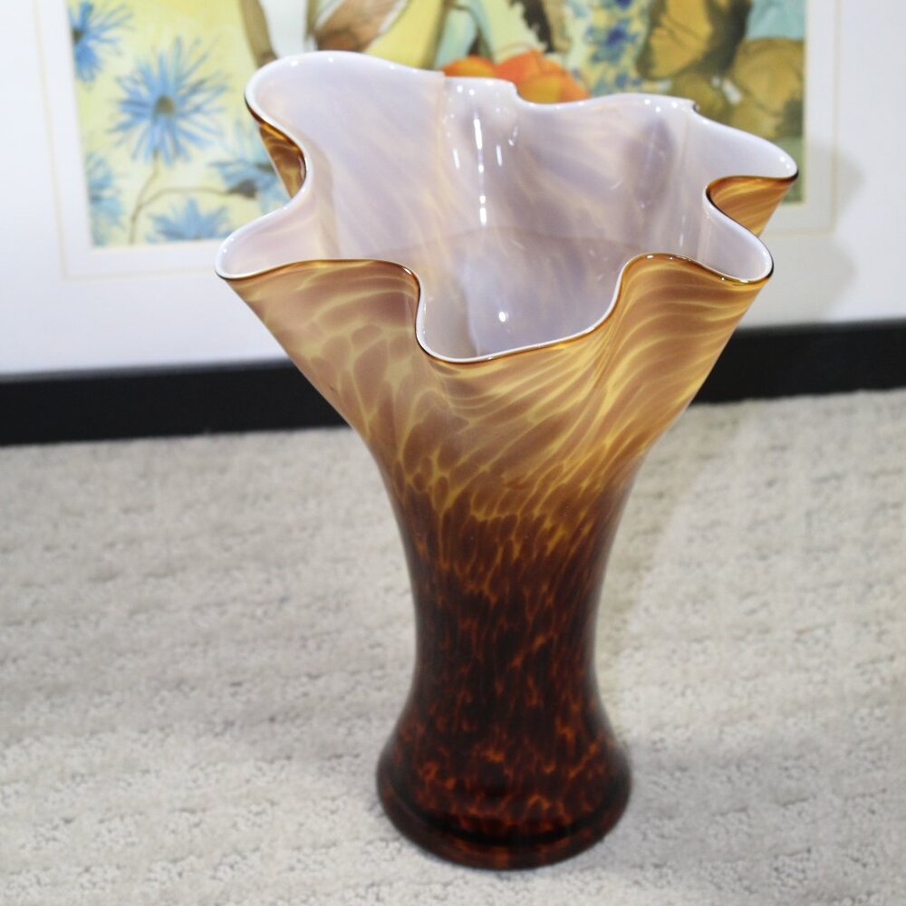 Hand Blown Glass 10" Brown Tan Variegated Handkerchief Vase